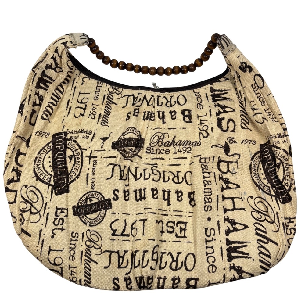 BAHAMAS Women Large Shoulder Bag Typography Wood Bead Strap Beige Souvenir Tote